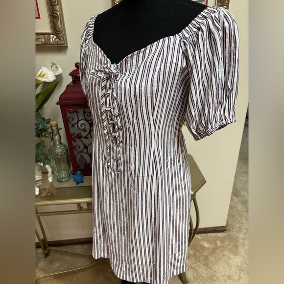 HAYDEN L.A. LACE UP ON OFF SHOULDER PUFF SLEEVE PINK STRIPE MINI DRESS SZ L NWT - Picture 4 of 13